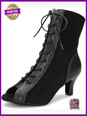 Women Suede Latin Salsa Dance Boots 2.5 or 3.5in Heel Lace Up Practice Shoes